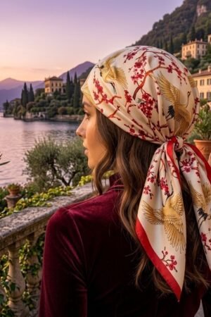 Crane & Cherry Blossom Crepe Silk Bandana Scarf – 55x55cm